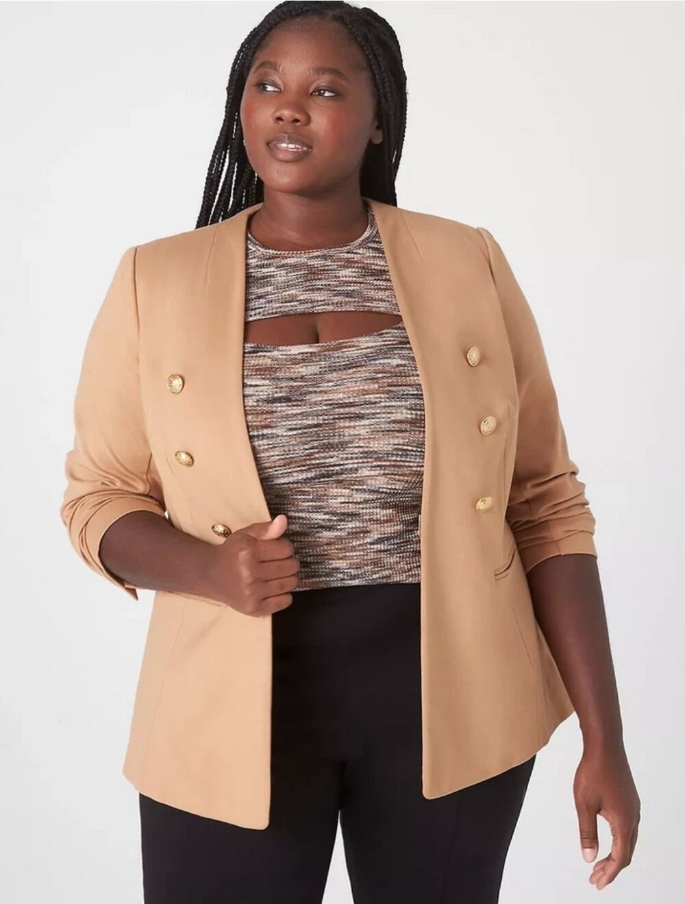 Lane Bryant The Bryant Blazer Camel Tan Ponte Collarless Gold Button Jacket 18